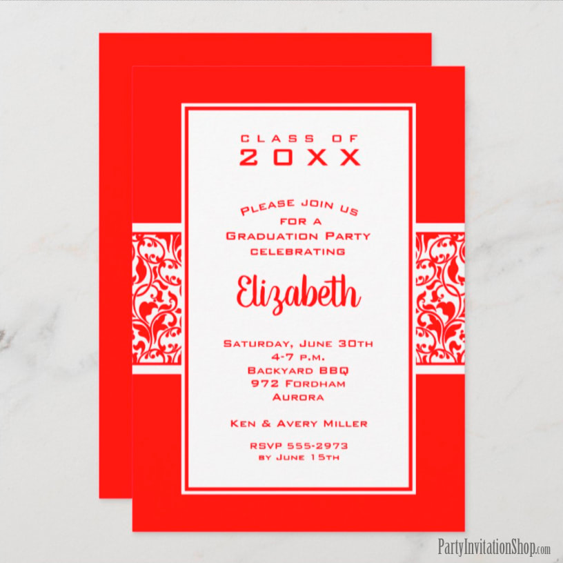 Red and White Damask Graduation Party Invitations