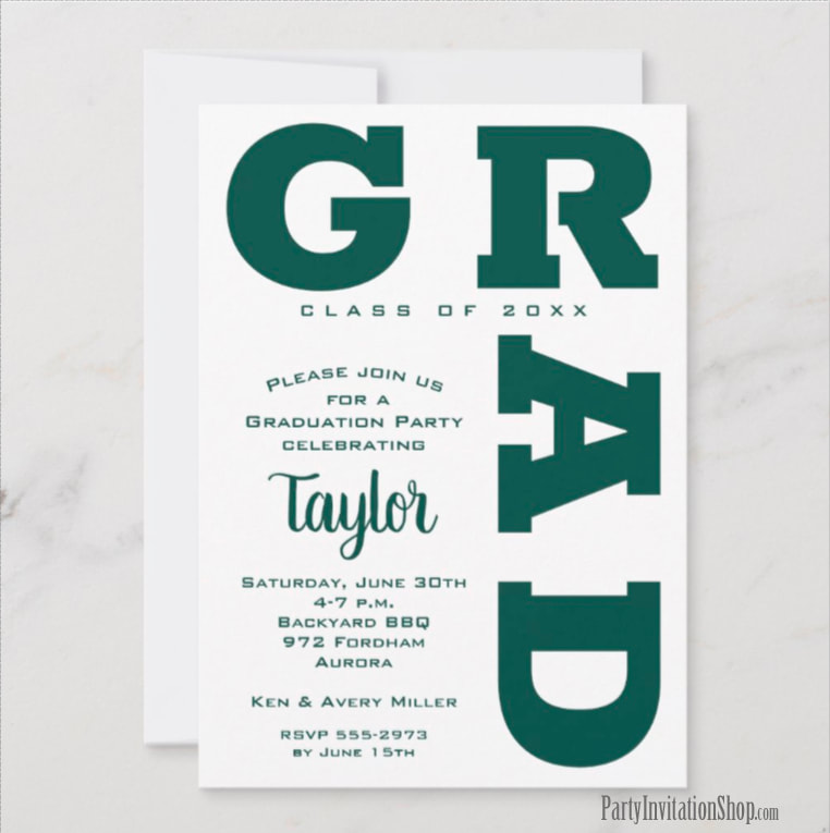 Bold GRAD | Dark Green on White Graduation Invitations