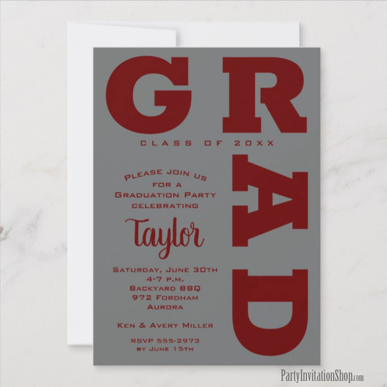 Bold GRAD | Dark Maroon on Gray Graduation Invitations