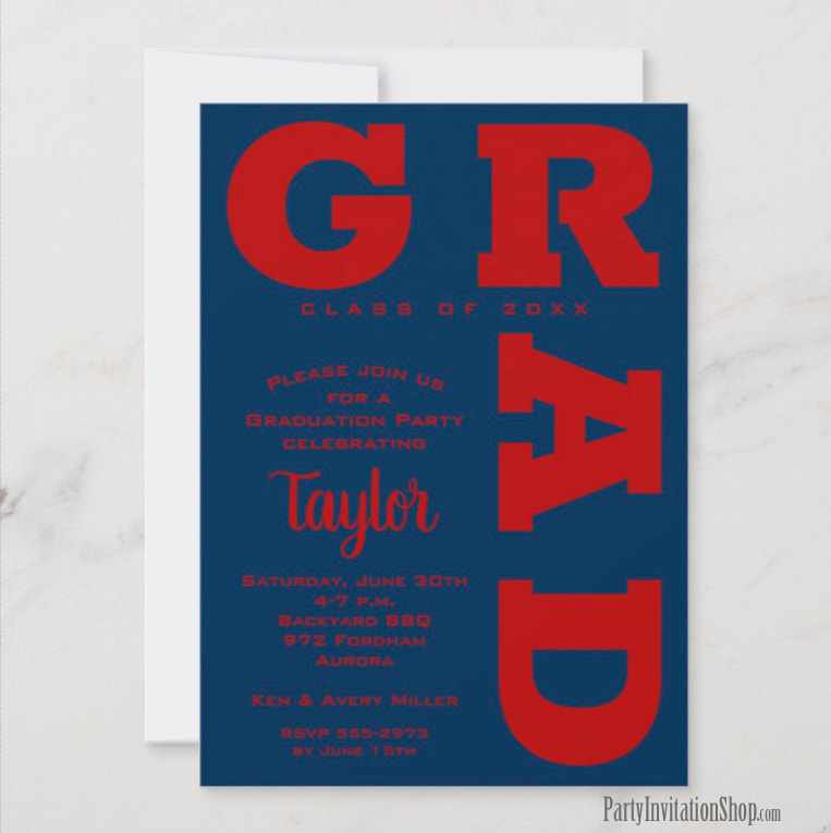 Bold GRAD | Dark Red on Blue Graduation Invitations