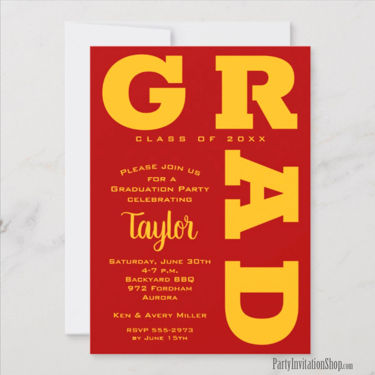 Bold GRAD | Gold on Cardinal Red Graduation Invitations