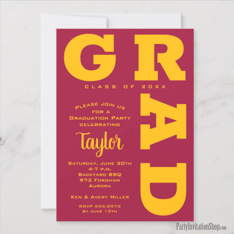 Bold GRAD | Gold and Maroon Graduation Invitations