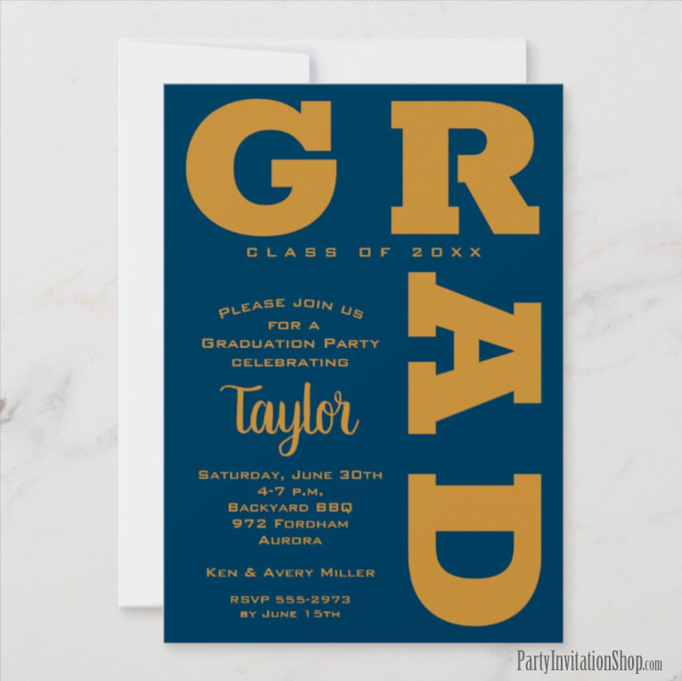 Bold GRAD | Gold and Navy Graduation Invitations