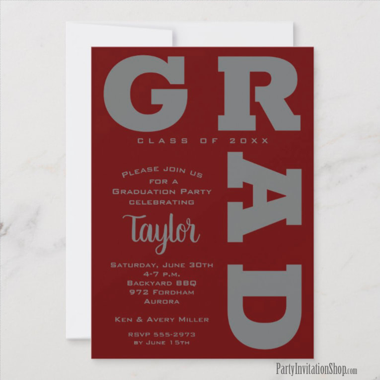 Bold GRAD | Gray on Dark Maroon Graduation Invitations