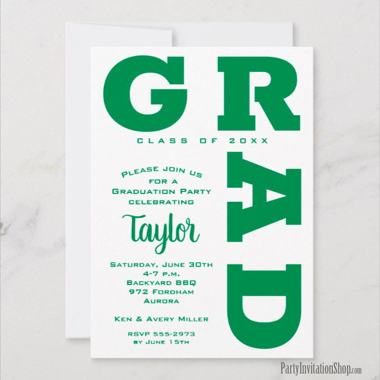 Bold GRAD | Green and White Graduation Invitations