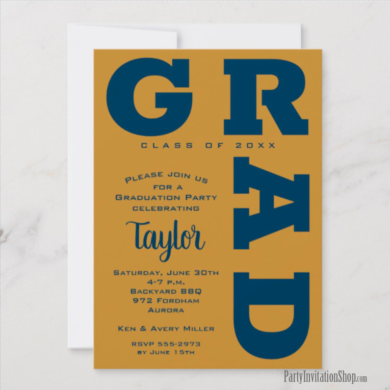 Bold GRAD | Navy and Gold Graduation Invitations