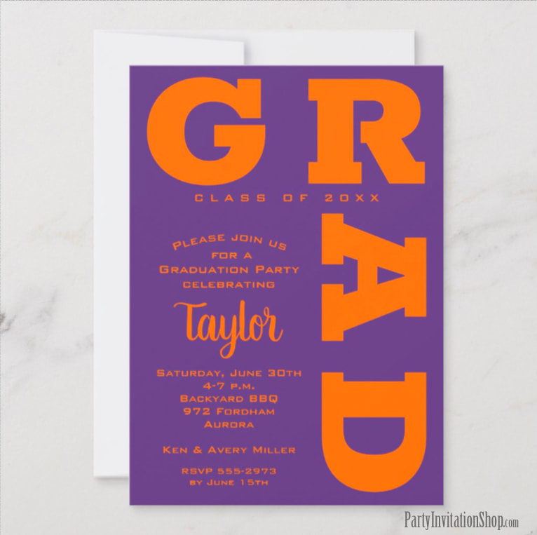 Bold GRAD | Orange on Purple Graduation Invitations