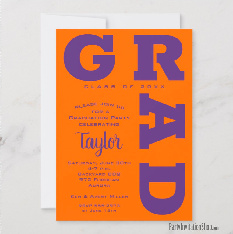 Bold GRAD | Purple on Orange Graduation Invitations