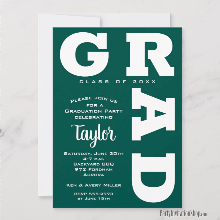Bold GRAD | White on Dark Green Graduation Invitations