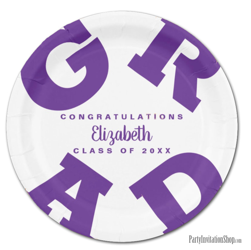 Purple on White Bold Graduation Paper Plates