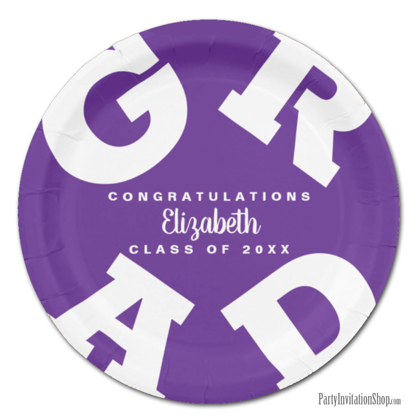 Bold GRAD Custom White on Purple Graduation Paper Plates