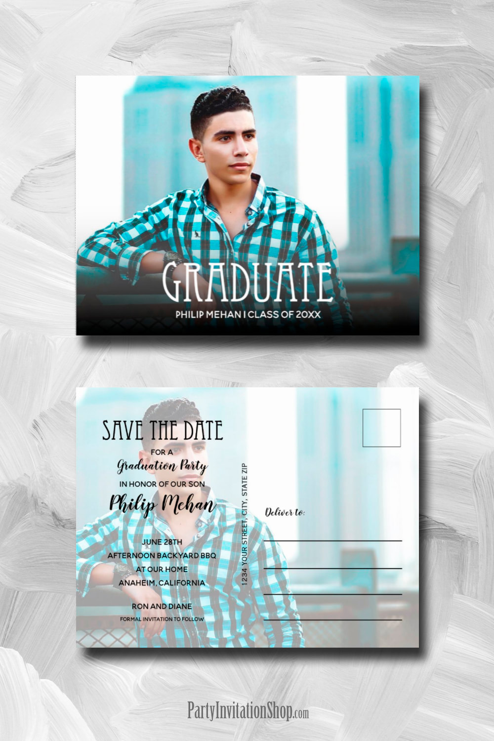 Trendy Block Print Photo Graduation Save the Date Postcards