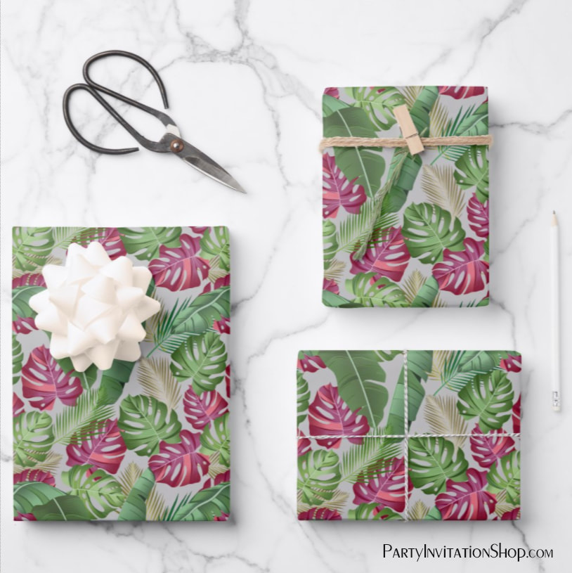 Tropical Monstera and Palm Leaves Wrapping Paper Sheets