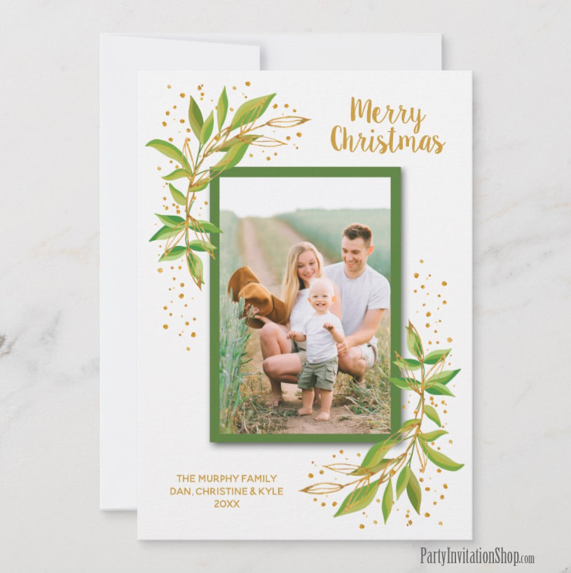 Green Gold Foliage and Dots Christmas Photo Cards - Shop PartyInvitationShop.com