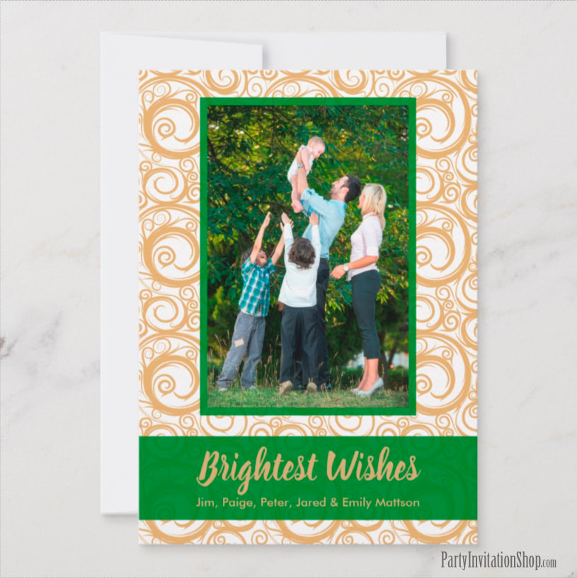 Green on Gold Swirls Christmas Photo Cards at PartyInvitationShop.com