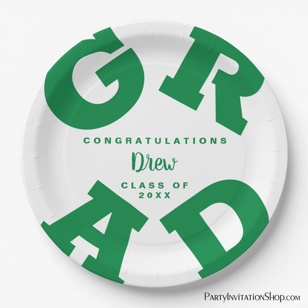 Green on White Customized Bold Grad Paper Plates