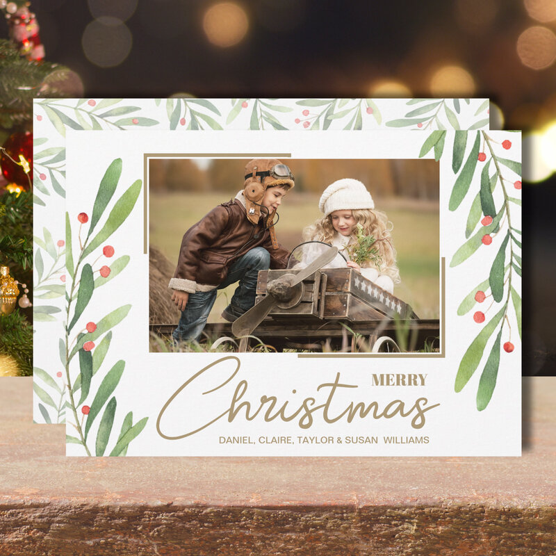 Greenery Berries Christmas Photo Holiday Cards