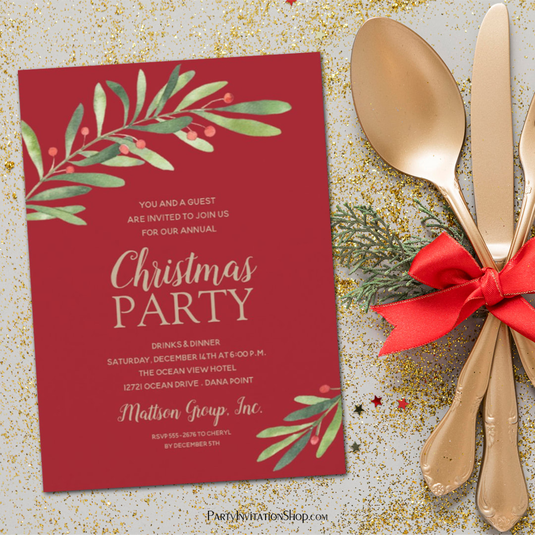 Elegant Watercolor Greenery Red Christmas Invitations