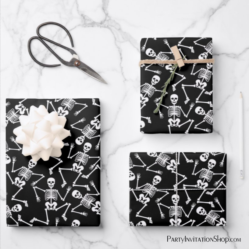 Halloween Skeletons on Black Wrapping Paper Sheets