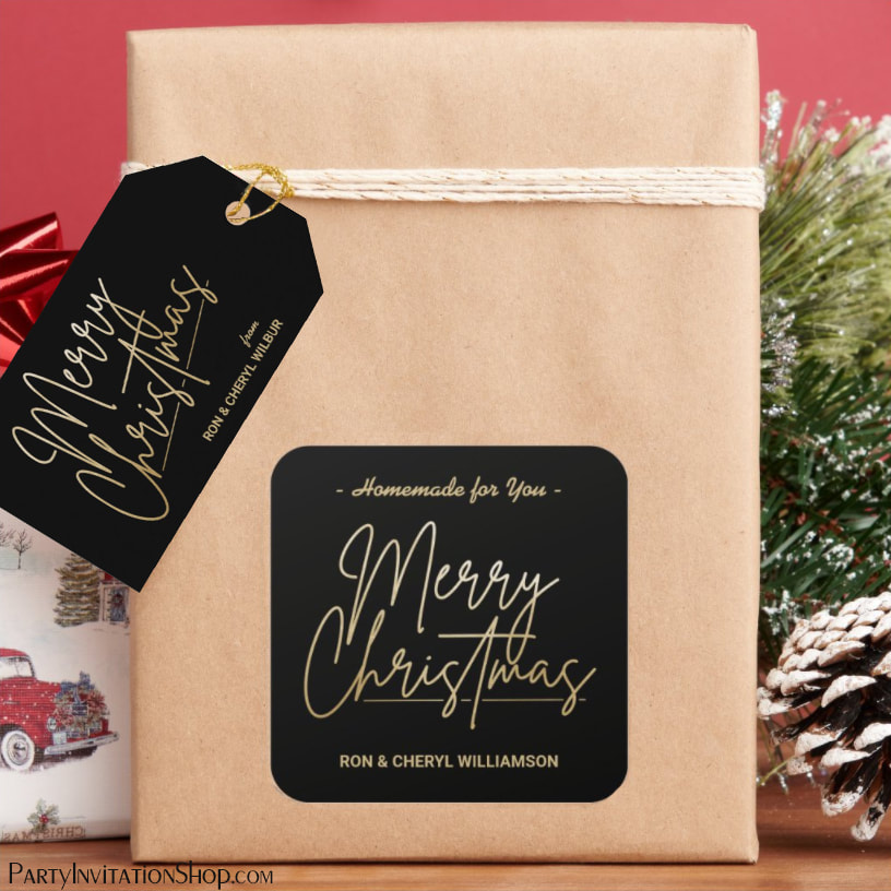 Handmade for You Gold Merry Christmas Black Square Stickers