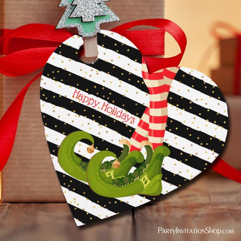 Elf Legs on Black and White Stripes Heart Favor Tags