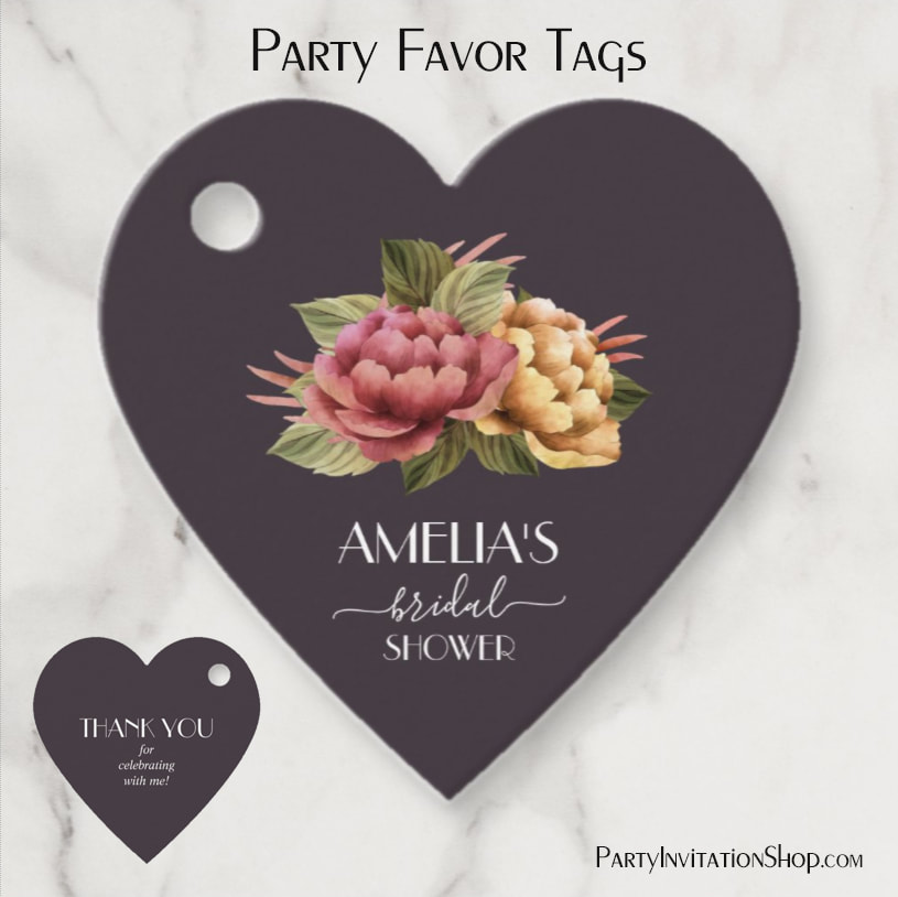 Dramatic Floral Bridal Shower Heart Favor Tags