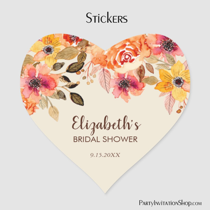 Autumn Watercolor Floral Bridal Shower Heart Stickers