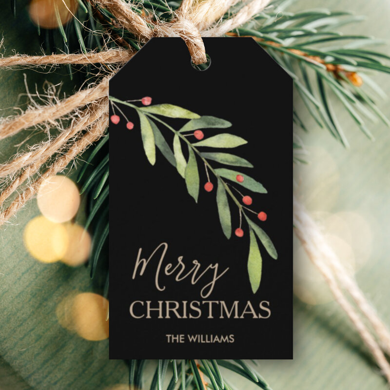 Holly and Berries on Black Merry Christmas Gift Tags