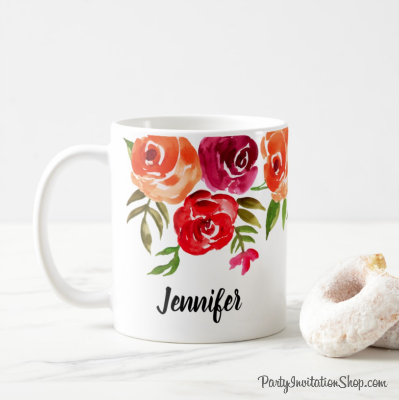 Trendy Orange, Hot Pink, Burgundy Watercolor Flowers on a personalized Coffee Mug - great for mother's day, birthdays, one for you and one for your best friend. PartyInvitationShop.com