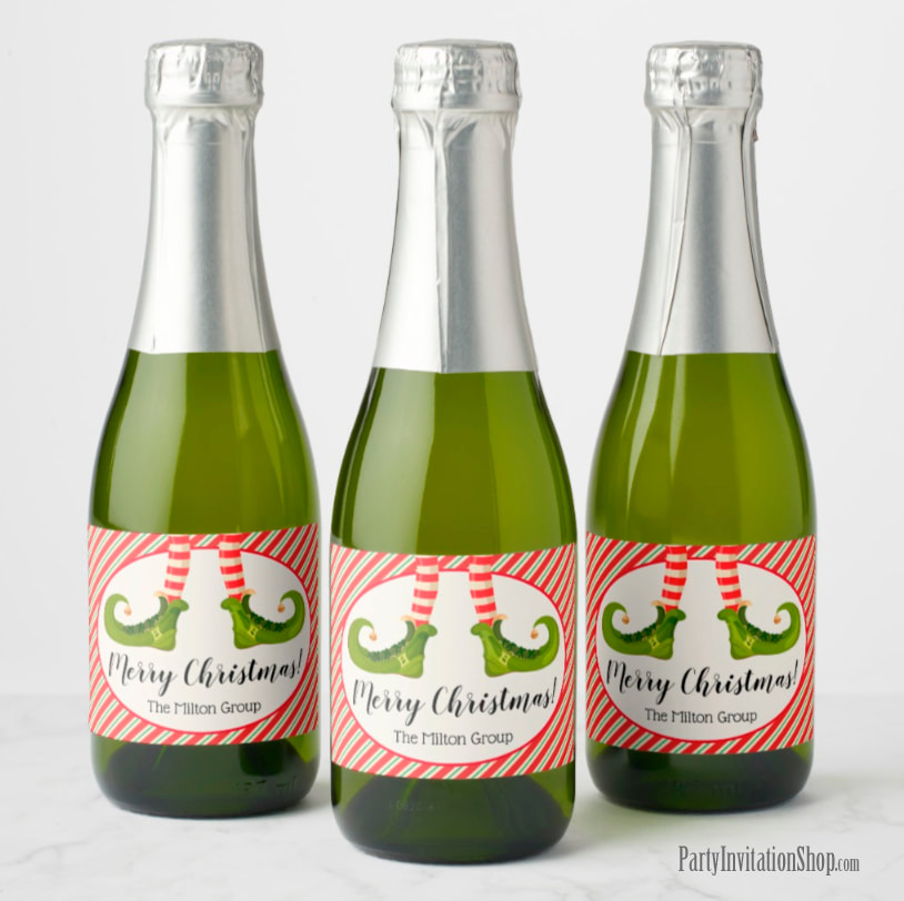 Mini Champagne Bottle Labels - PERSONALIZED - Jolly Christmas Elf Legs at PartyInvitationShop.com