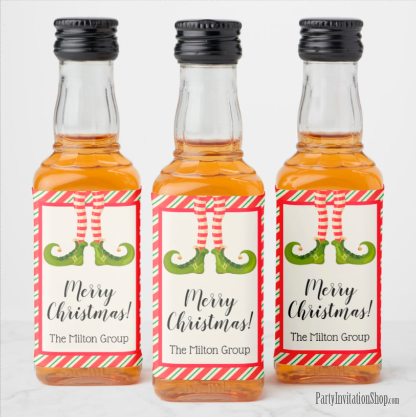 Mini Liquor Bottle Labels - PERSONALIZED - Jolly Christmas Elf Legs at PartyInvitationShop.com
