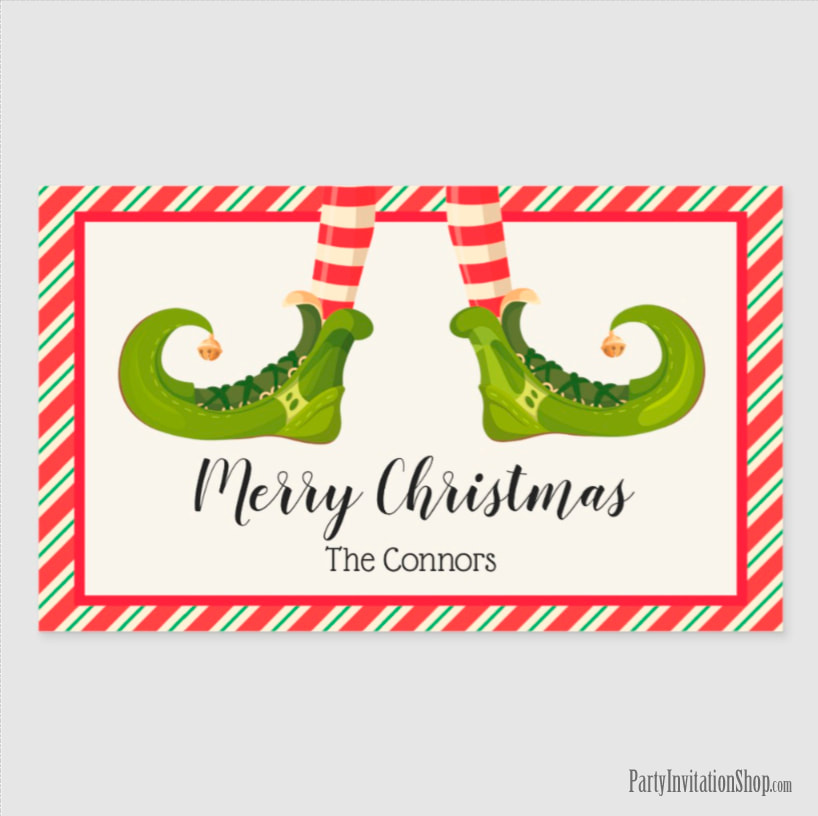 Rectangle Stickers with Jolly Christmas Elf Legs at PartyInvitationShop.com