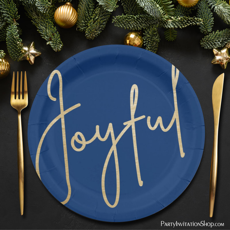 JOYFUL Gold Faux Foil Blue Christmas Paper Plates