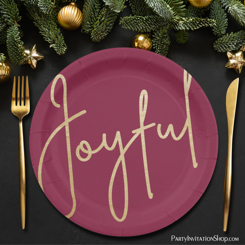 JOYFUL Gold Faux Foil Cranberry Christmas Paper Plates