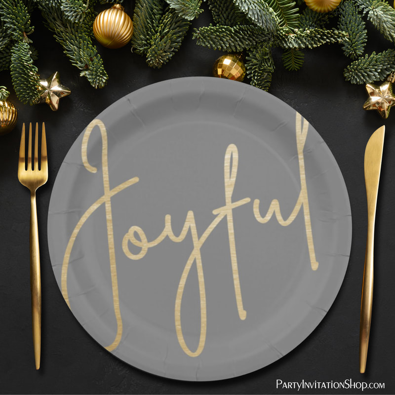 JOYFUL Gold Faux Foil Gray Christmas Paper Plates