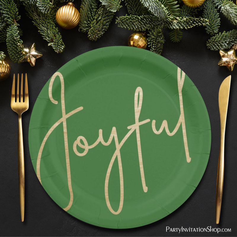 JOYFUL Gold Faux Foil Green Christmas Paper Plates