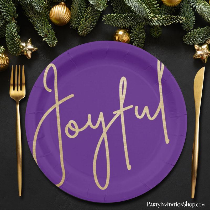 JOYFUL Gold Faux Foil Purple Christmas Paper Plates