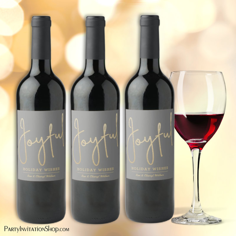 JOYFUL Holiday Wishes Gold Faux Foil Gray Wine Label