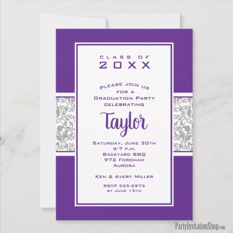 Kansas State Purple and Gray Damask Graduation Party Invitations Announcements at PartyInvitationShop.com