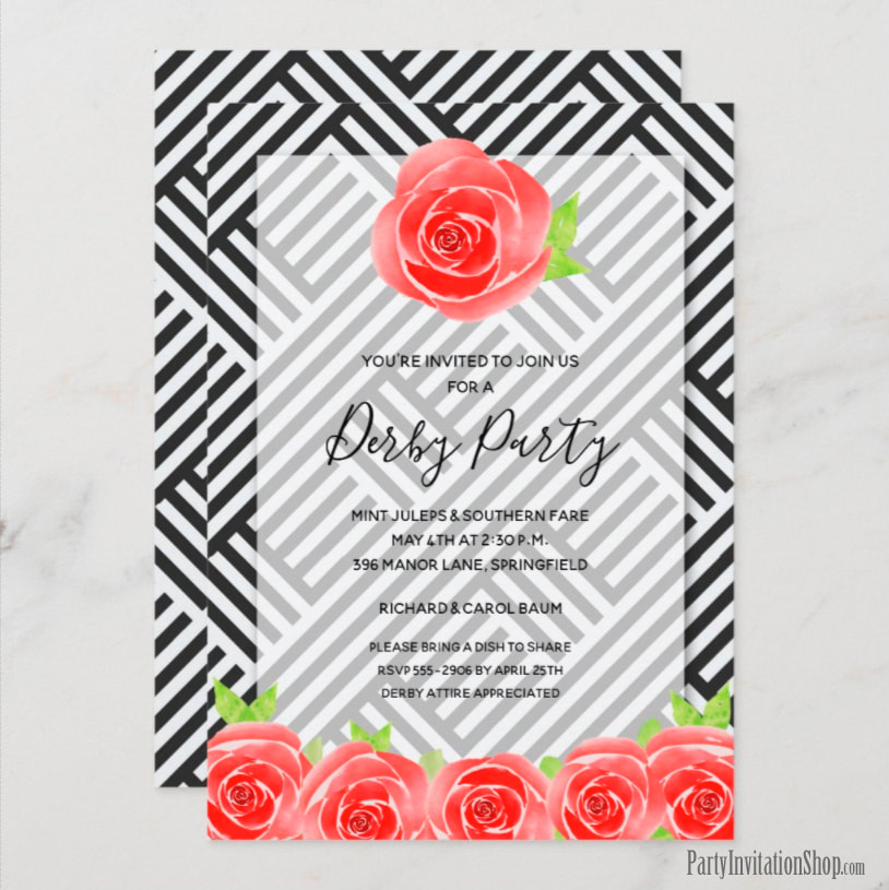 Boxed Stripes & Red Roses Kentucky Derby Party Invitations - Derby Bridal Shower Invitations PLUS party supplies, favors, and more. 