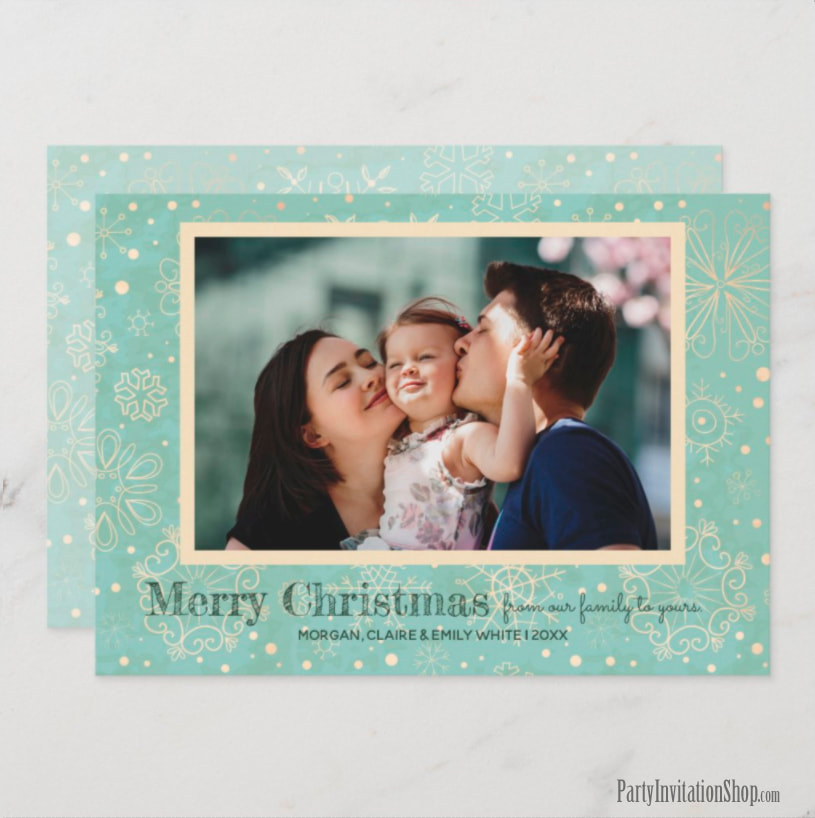Khaki Snowflakes on Mint Christmas Photo Cards