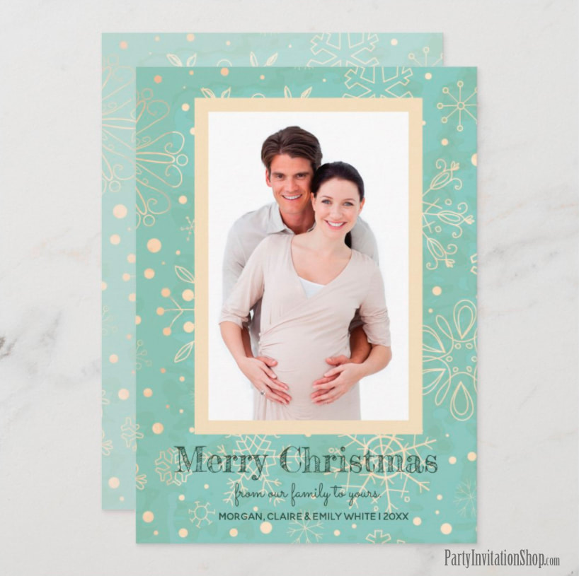Khaki Snowflakes on Mint Christmas Photo Cards