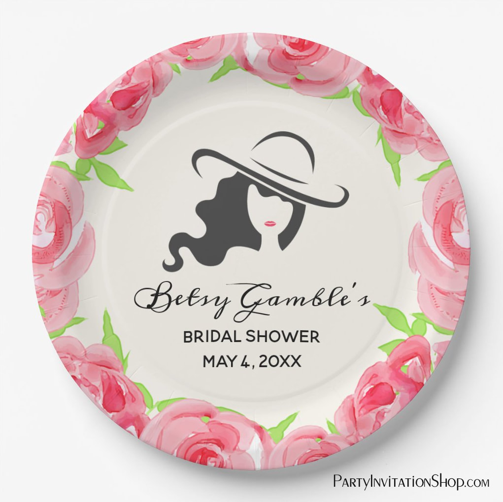 PARTY SUPPLIES: Party paper plates with Big Hat Lady Roses Kentucky Derby / Derby Bridal Shower - plus INVITATIONS, party favor boxes, hand fans, party napkins, champagne labels, wine labels and more. Short and long hair versions available.