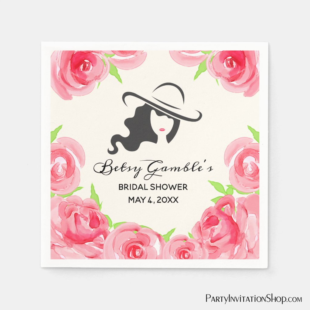 PARTY SUPPLIES: Party napkins with Big Hat Lady Roses Kentucky Derby / Derby Bridal Shower - plus INVITATIONS, party favor boxes, hand fans, paper plates, champagne labels, wine labels and more. Short and long hair versions available.