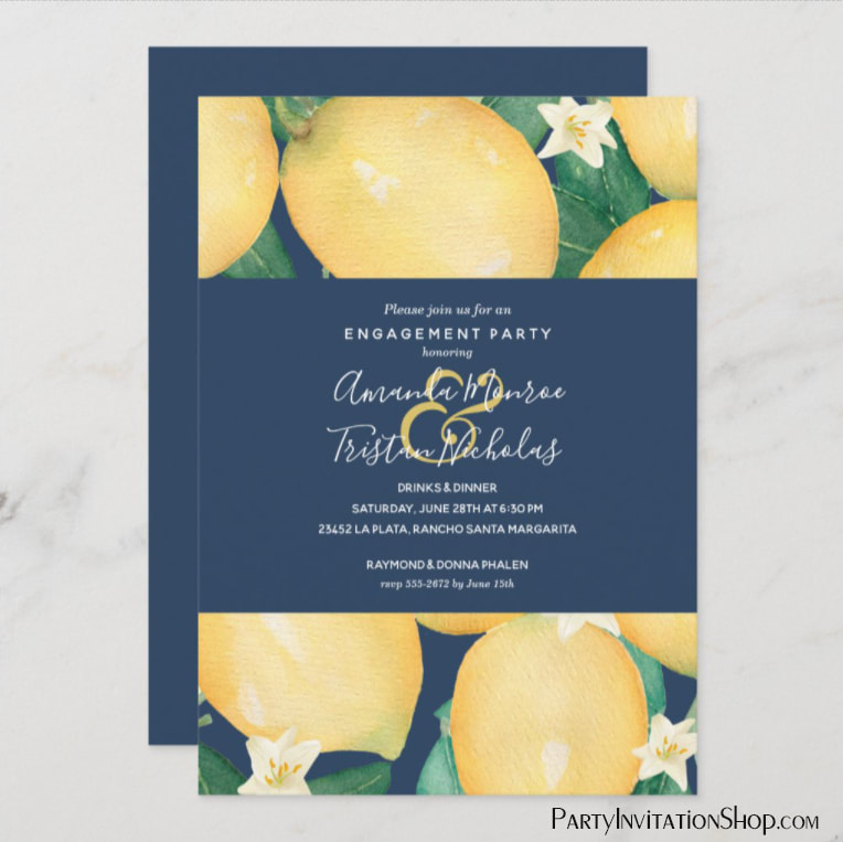 Lemons on Navy Blue Engagement Party Invitations