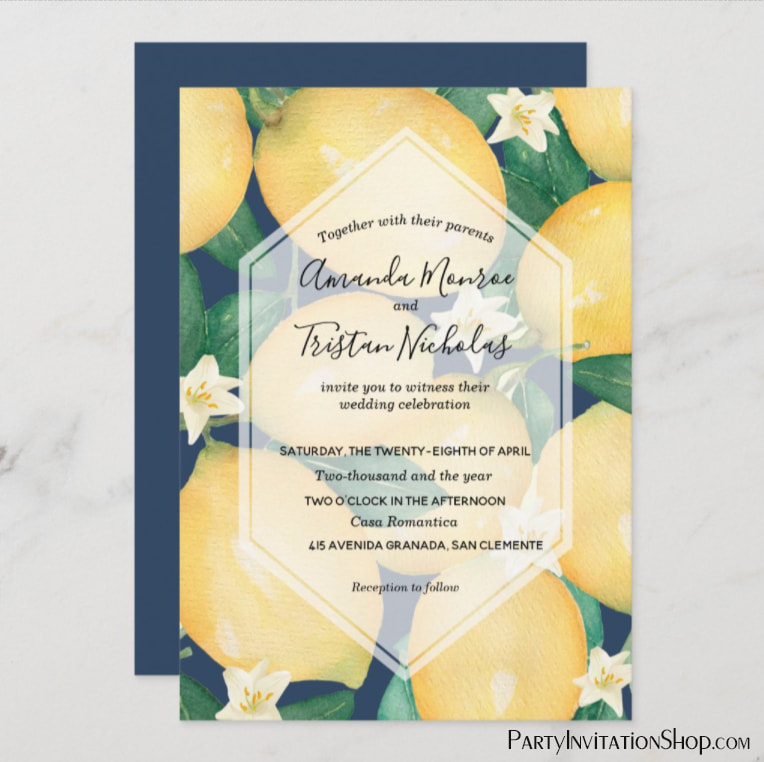 Watercolor Lemons on Navy Blue Wedding Invitations