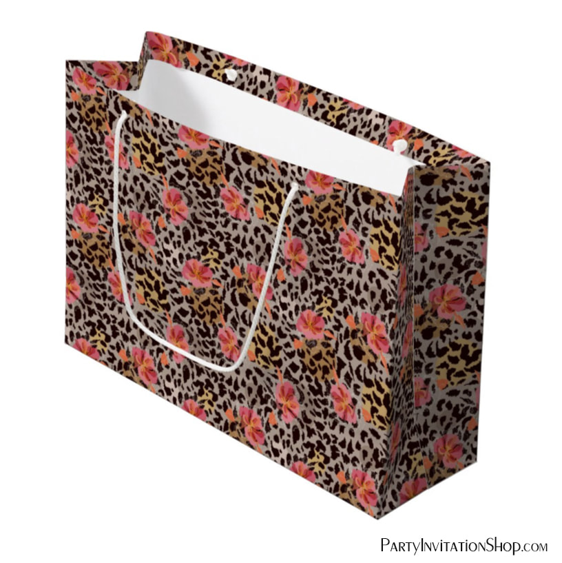 Elegant Leopard Animal Print Pattern Pink Flowers Large Gift Bags