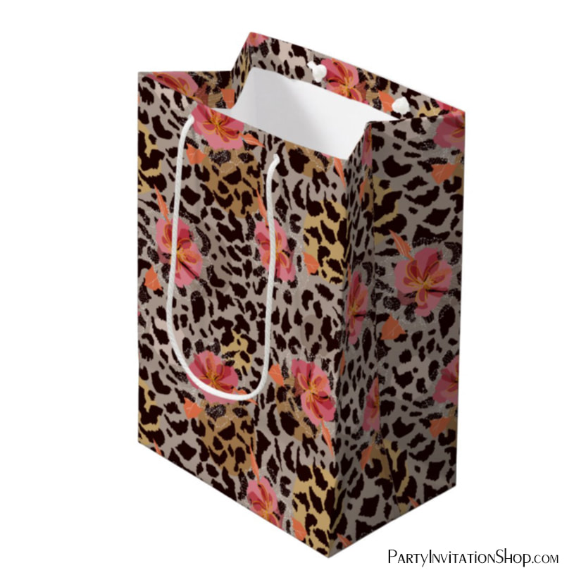 Leopard Animal Print Tropical Pink Flowers Medium Gift Bag