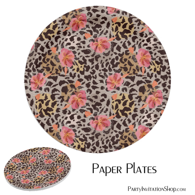 Leopard Animal Print and Pink Flowers Paper Plates