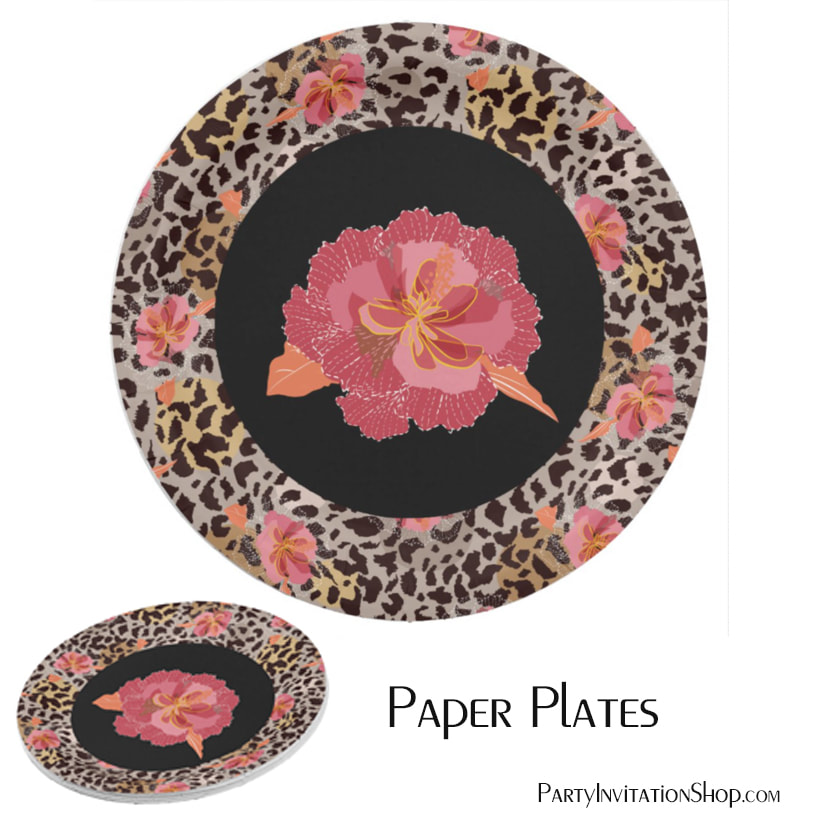 Leopard Animal Print and Pink Flowers on Black Paper Plates